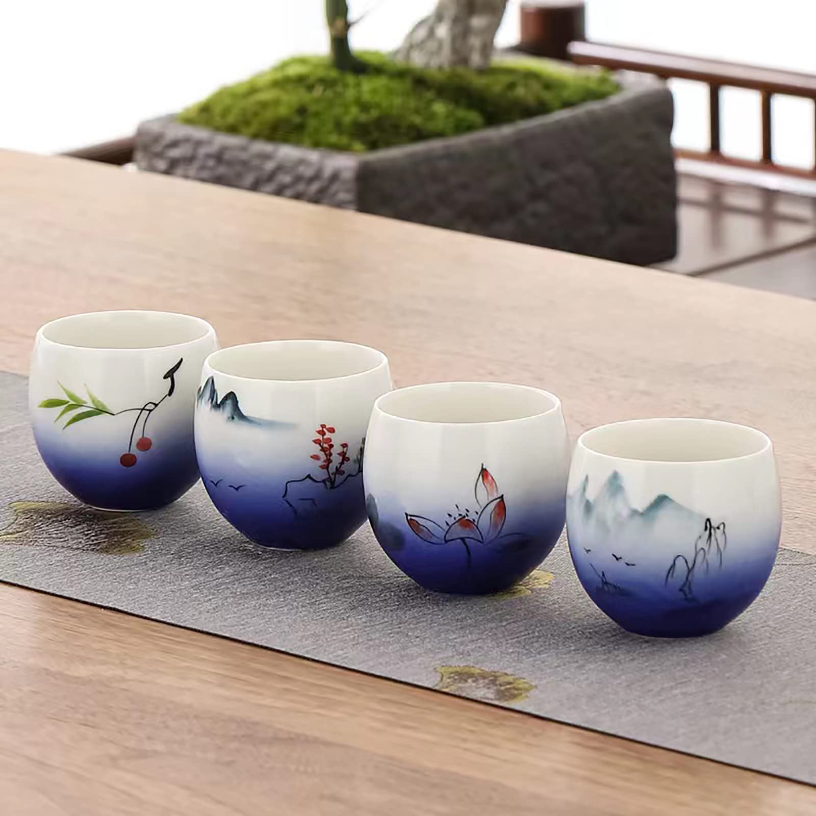 MQjzsh Hand drawn Chinese Japanese style traditional ceramic tea cup set of four, tea set, kung fu tea cup, coffee cup (blue 1)