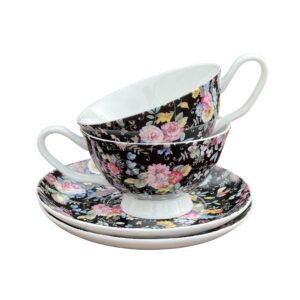 gracie bone china black petite rose teacup and saucer 8-ounce (set of 2)