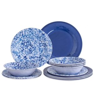 missyip melamine dinnerware set, 12 piece melamine dishes service for 4, floral plates and bowls sets, for indoor and outdoor use, dishwasher safe, lightweight unbreakable,bpa free (blue)