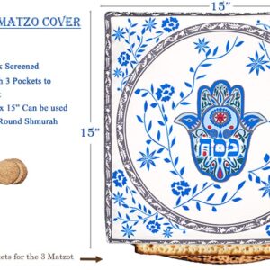 Aviv Judaica Artistic Hamsa Design Silk Passover Matzo Cover & Afikoman Bag Set for the Pesach Seder Passover Decorations