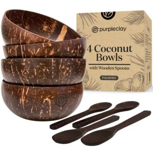 purpleclay coconut bowls and wooden spoons set of 4 – natural, hand-crafted, vegan-friendly, salad, smoothie or buddha bowl and kitchen utensils (4 polished bowls & spoons)