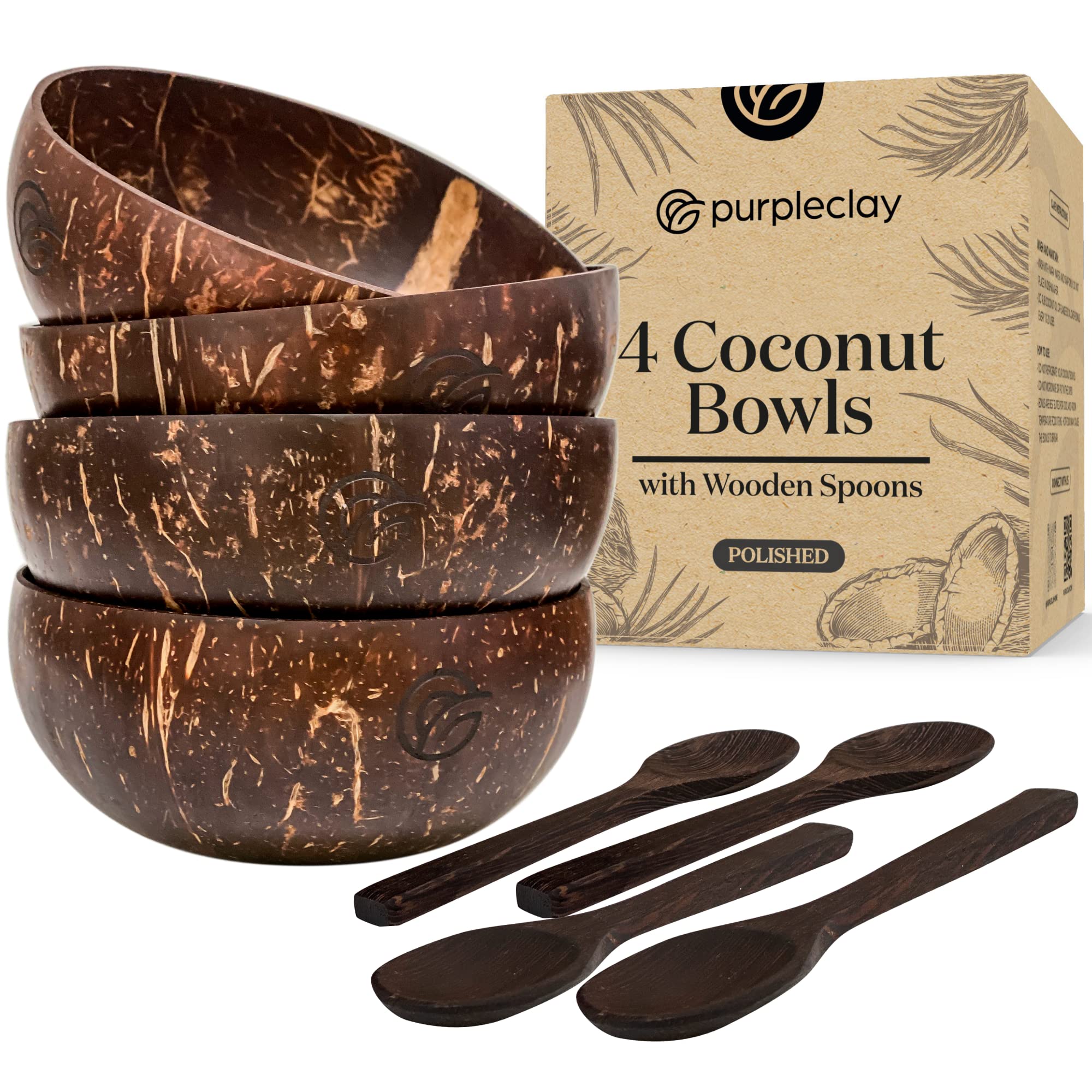 purpleclay Coconut Bowls and Wooden Spoons Set of 4 – Natural, Hand-Crafted, Vegan-Friendly, Salad, Smoothie or Buddha Bowl and Kitchen Utensils (4 Polished Bowls & Spoons)