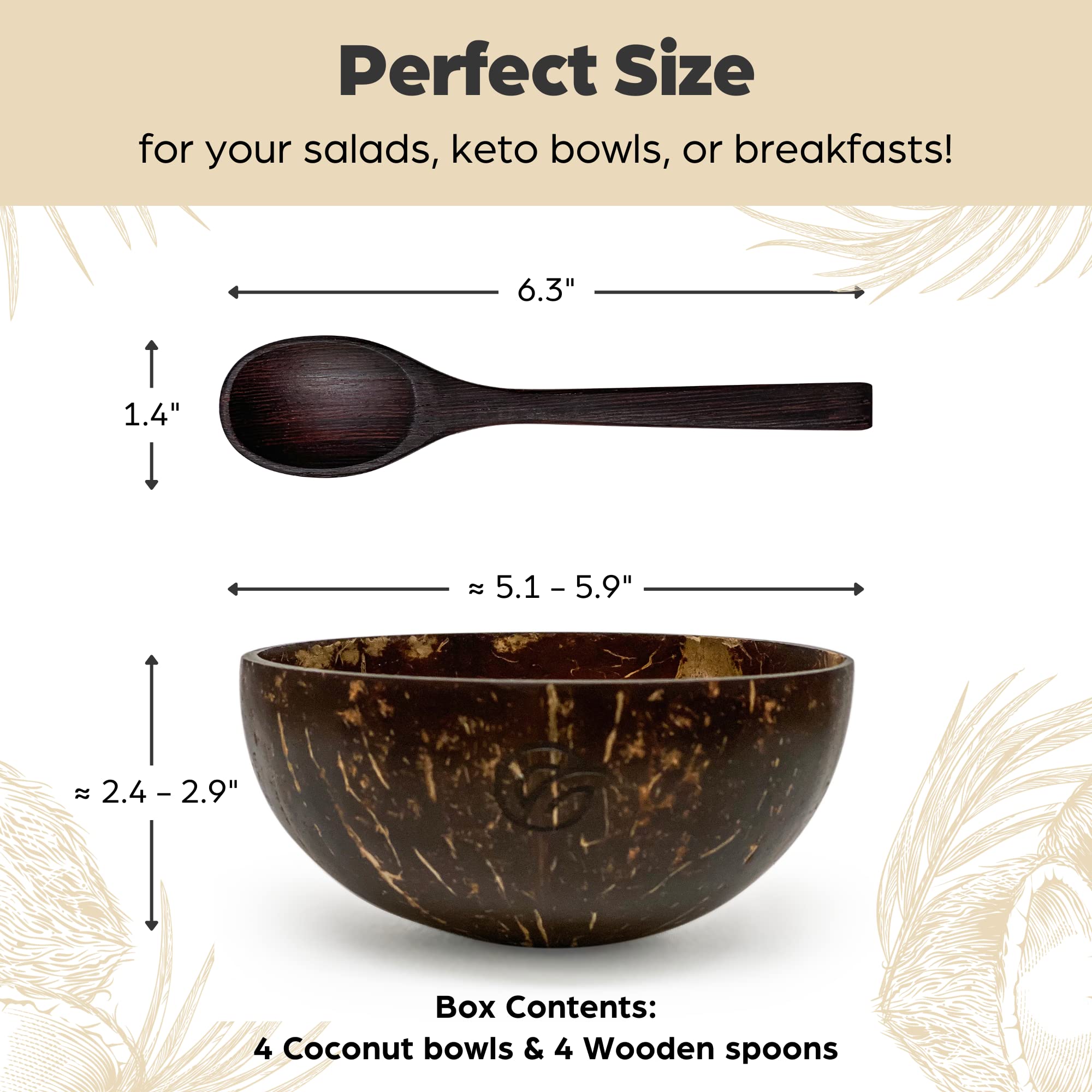 purpleclay Coconut Bowls and Wooden Spoons Set of 4 – Natural, Hand-Crafted, Vegan-Friendly, Salad, Smoothie or Buddha Bowl and Kitchen Utensils (4 Polished Bowls & Spoons)