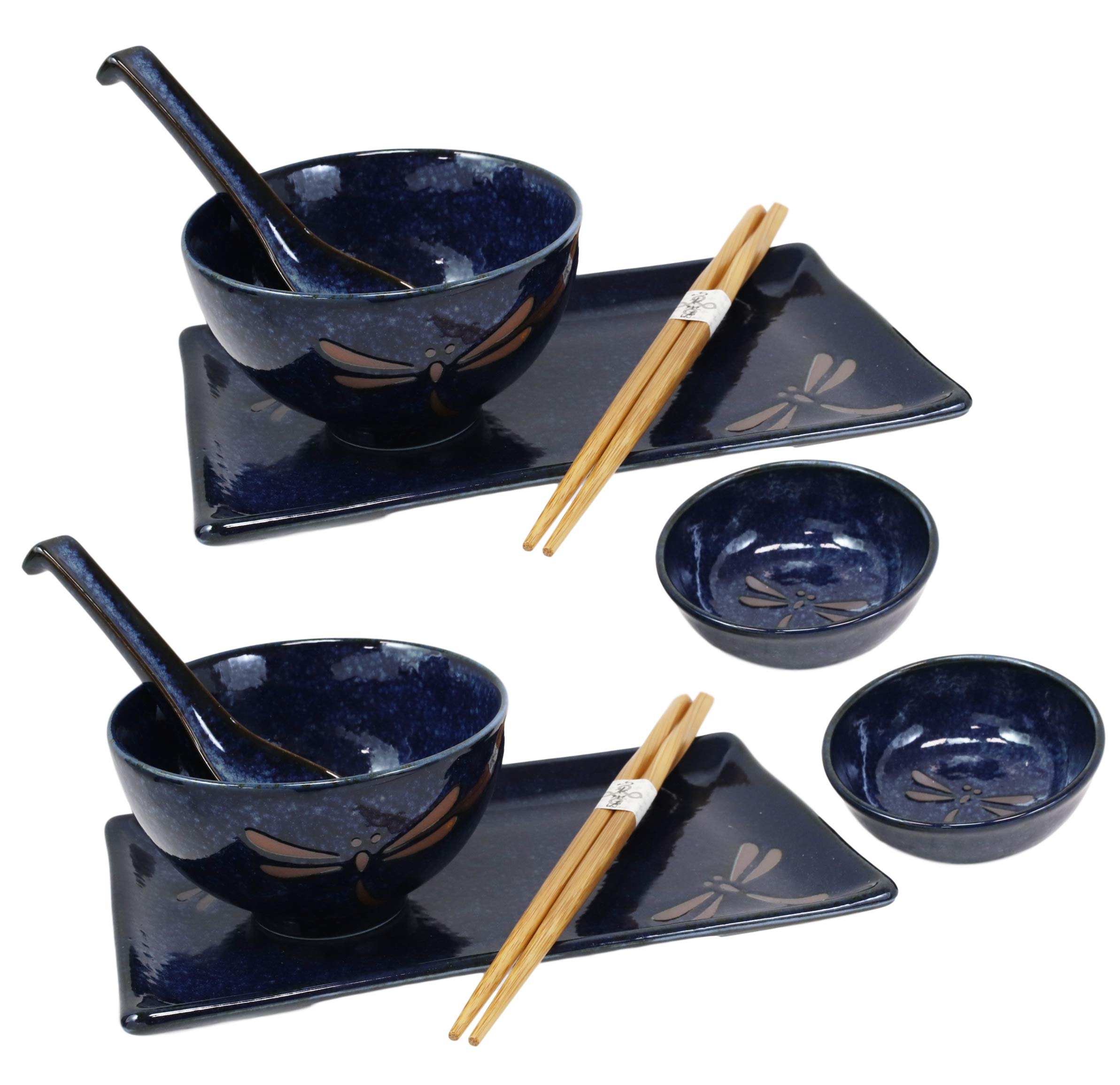 Ebros Gift Japanese Mino Ware Tombo Dragonfly Blue Porcelain Sushi Dinnerware 10pc Set For 2 People Pairs of Sushi Plates Soup And Sauce Bowls Bamboo Chopsticks Asian Soup Spoons Housewarming Gift