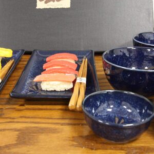 Ebros Gift Japanese Mino Ware Tombo Dragonfly Blue Porcelain Sushi Dinnerware 10pc Set For 2 People Pairs of Sushi Plates Soup And Sauce Bowls Bamboo Chopsticks Asian Soup Spoons Housewarming Gift