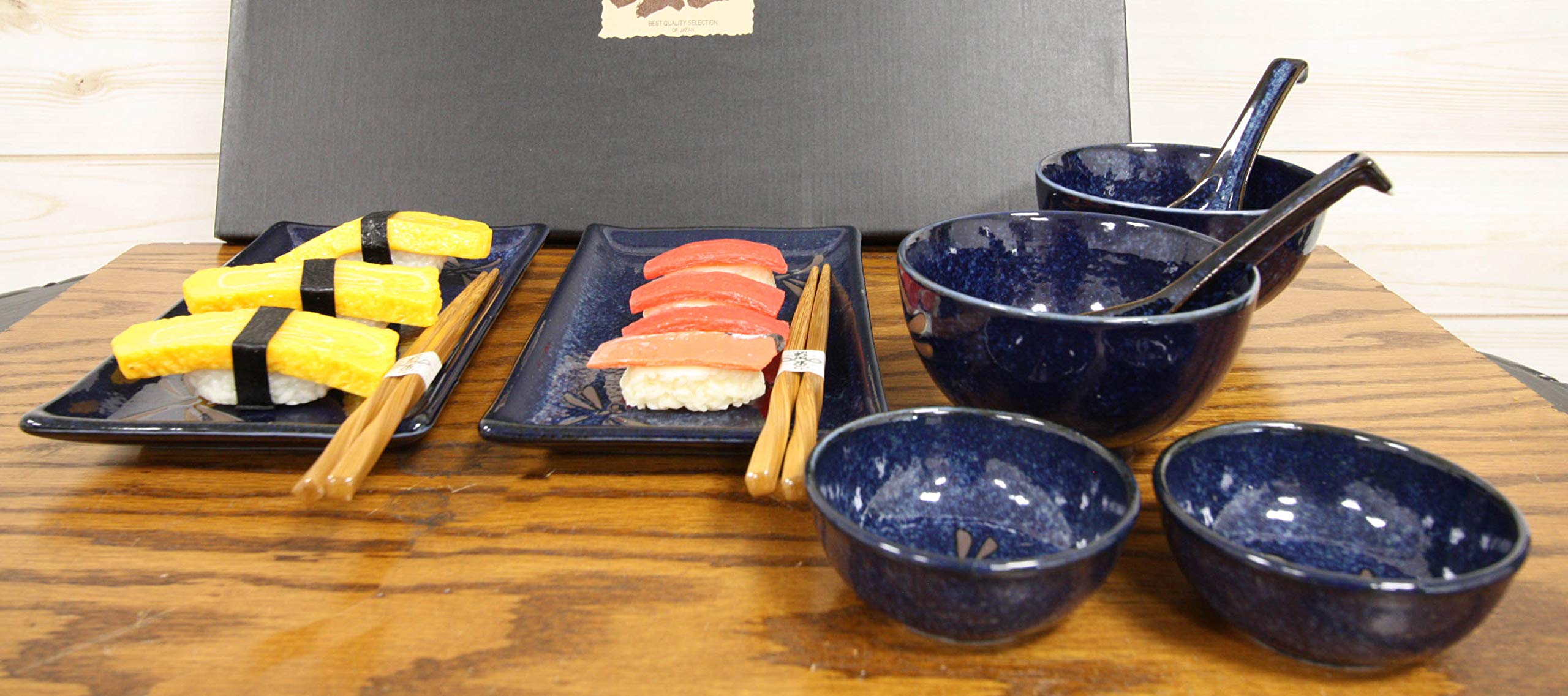 Ebros Gift Japanese Mino Ware Tombo Dragonfly Blue Porcelain Sushi Dinnerware 10pc Set For 2 People Pairs of Sushi Plates Soup And Sauce Bowls Bamboo Chopsticks Asian Soup Spoons Housewarming Gift