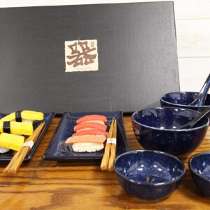 Ebros Gift Japanese Mino Ware Tombo Dragonfly Blue Porcelain Sushi Dinnerware 10pc Set For 2 People Pairs of Sushi Plates Soup And Sauce Bowls Bamboo Chopsticks Asian Soup Spoons Housewarming Gift