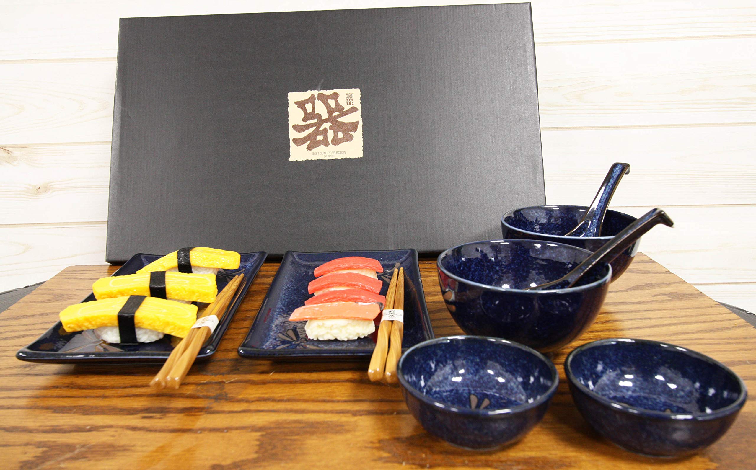 Ebros Gift Japanese Mino Ware Tombo Dragonfly Blue Porcelain Sushi Dinnerware 10pc Set For 2 People Pairs of Sushi Plates Soup And Sauce Bowls Bamboo Chopsticks Asian Soup Spoons Housewarming Gift