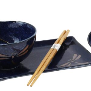 Ebros Gift Japanese Mino Ware Tombo Dragonfly Blue Porcelain Sushi Dinnerware 10pc Set For 2 People Pairs of Sushi Plates Soup And Sauce Bowls Bamboo Chopsticks Asian Soup Spoons Housewarming Gift