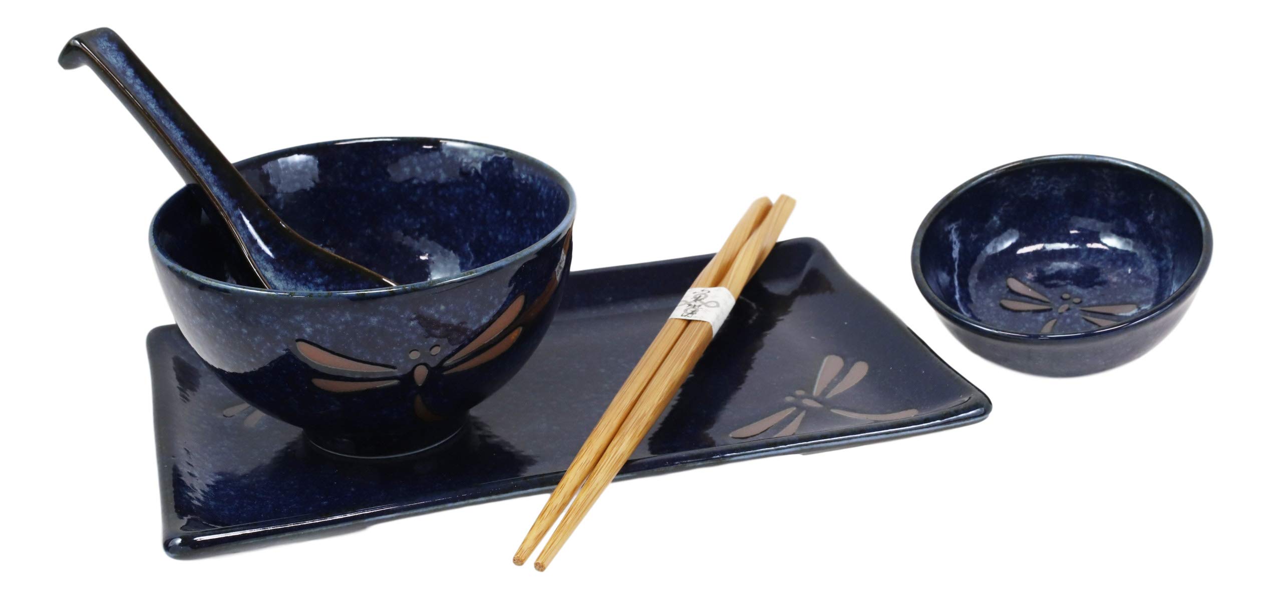 Ebros Gift Japanese Mino Ware Tombo Dragonfly Blue Porcelain Sushi Dinnerware 10pc Set For 2 People Pairs of Sushi Plates Soup And Sauce Bowls Bamboo Chopsticks Asian Soup Spoons Housewarming Gift
