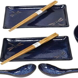 Ebros Gift Japanese Mino Ware Tombo Dragonfly Blue Porcelain Sushi Dinnerware 10pc Set For 2 People Pairs of Sushi Plates Soup And Sauce Bowls Bamboo Chopsticks Asian Soup Spoons Housewarming Gift