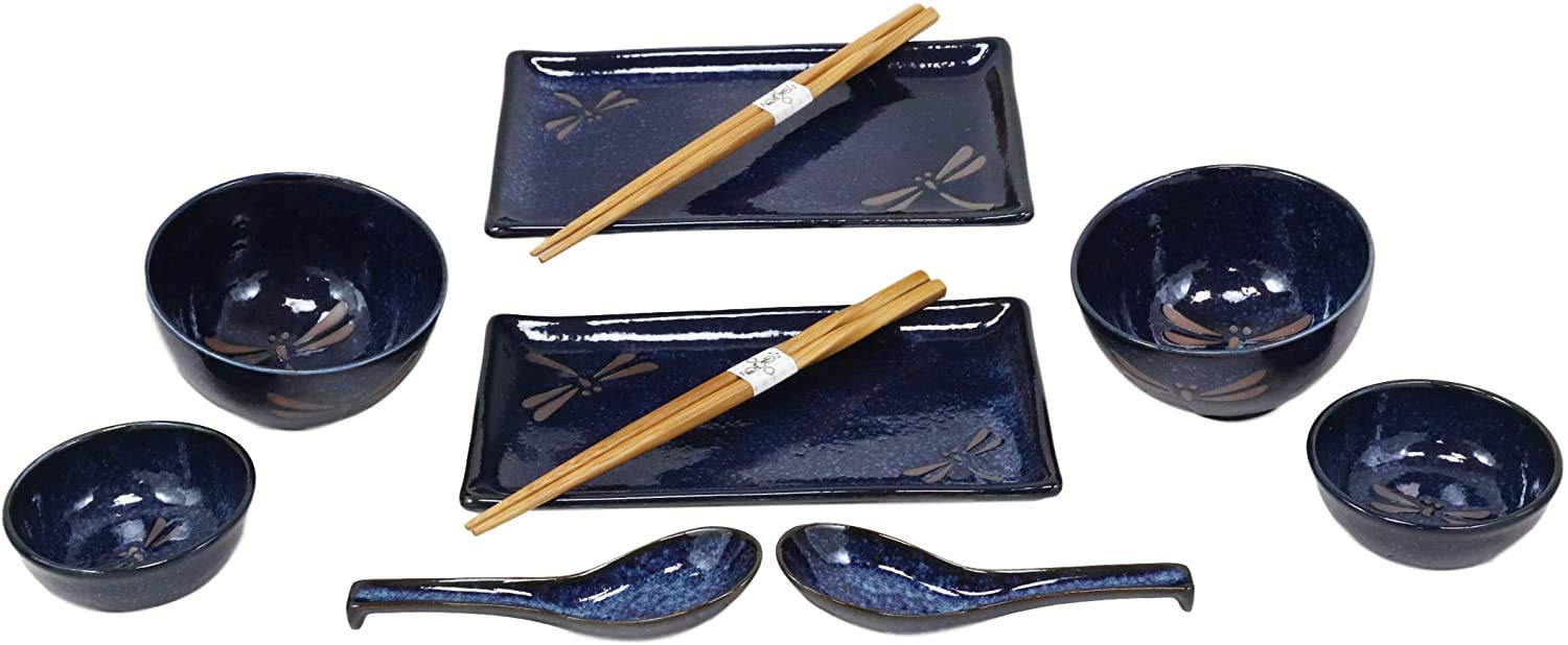 Ebros Gift Japanese Mino Ware Tombo Dragonfly Blue Porcelain Sushi Dinnerware 10pc Set For 2 People Pairs of Sushi Plates Soup And Sauce Bowls Bamboo Chopsticks Asian Soup Spoons Housewarming Gift