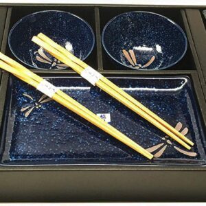 Ebros Gift Japanese Mino Ware Tombo Dragonfly Blue Porcelain Sushi Dinnerware 10pc Set For 2 People Pairs of Sushi Plates Soup And Sauce Bowls Bamboo Chopsticks Asian Soup Spoons Housewarming Gift