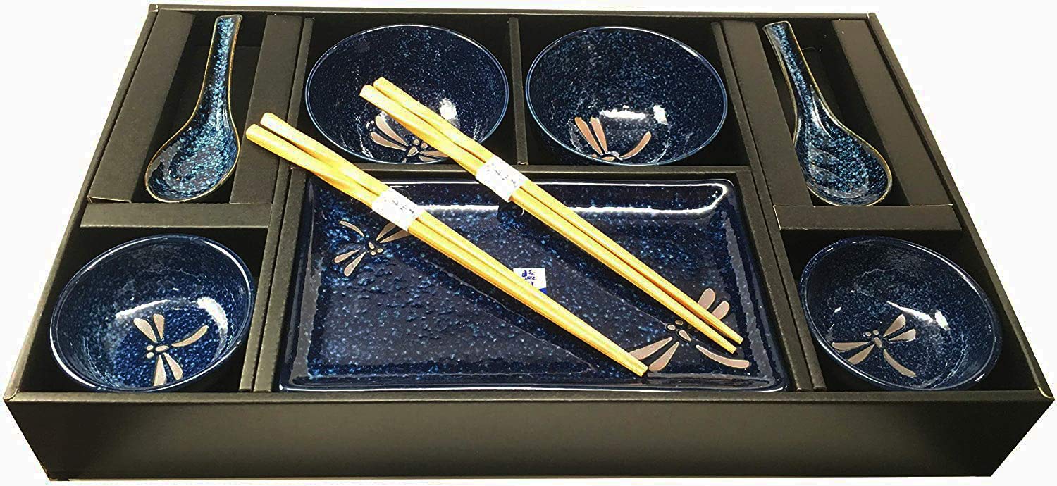 Ebros Gift Japanese Mino Ware Tombo Dragonfly Blue Porcelain Sushi Dinnerware 10pc Set For 2 People Pairs of Sushi Plates Soup And Sauce Bowls Bamboo Chopsticks Asian Soup Spoons Housewarming Gift