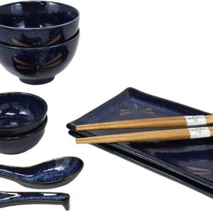 Ebros Gift Japanese Mino Ware Tombo Dragonfly Blue Porcelain Sushi Dinnerware 10pc Set For 2 People Pairs of Sushi Plates Soup And Sauce Bowls Bamboo Chopsticks Asian Soup Spoons Housewarming Gift