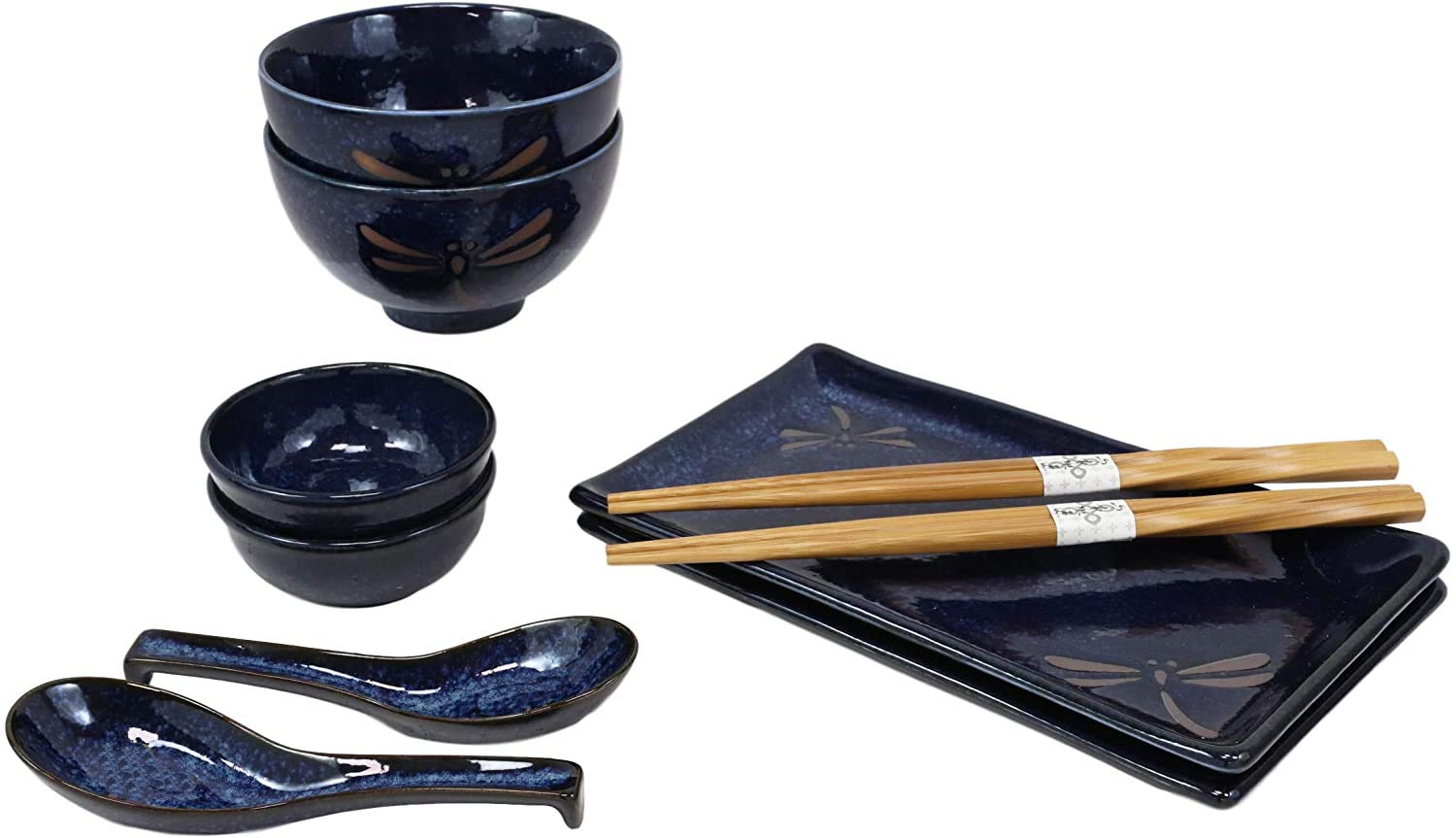 Ebros Gift Japanese Mino Ware Tombo Dragonfly Blue Porcelain Sushi Dinnerware 10pc Set For 2 People Pairs of Sushi Plates Soup And Sauce Bowls Bamboo Chopsticks Asian Soup Spoons Housewarming Gift