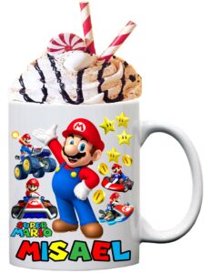 personalize your mario bros chocolate or coffee ceramic mug, mario gift mugs, gamer mug, put your name or text for front and back, use with left or right hand.tazas personalizadas.