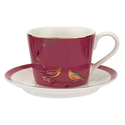 Portmeirion Sara Miller London Chelsea Teacup and Saucer, Pink | 8 Oz Cup for Drinking Tea and Coffee | Made from Fine China with Gold Detail | Handwash Only