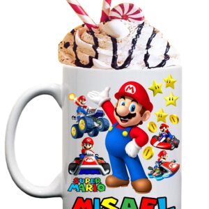 Personalize your Mario Bros chocolate or coffee ceramic mug, Mario gift mugs, gamer mug, put your name or text for front and back, use with left or right hand.Tazas personalizadas.