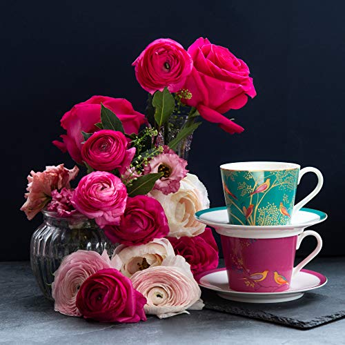 Portmeirion Sara Miller London Chelsea Teacup and Saucer, Pink | 8 Oz Cup for Drinking Tea and Coffee | Made from Fine China with Gold Detail | Handwash Only