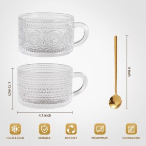 2PCS Vintage Glass Coffee Mugs with 2PCS Gold Spoons, Glass Coffee Cups Breakfast Tea Mug 14Oz Clear Embossed Glass Drinking Cup for Cappuccino, Latte, Yogurt, Beverage, Christmas Thanksgiving Gifts