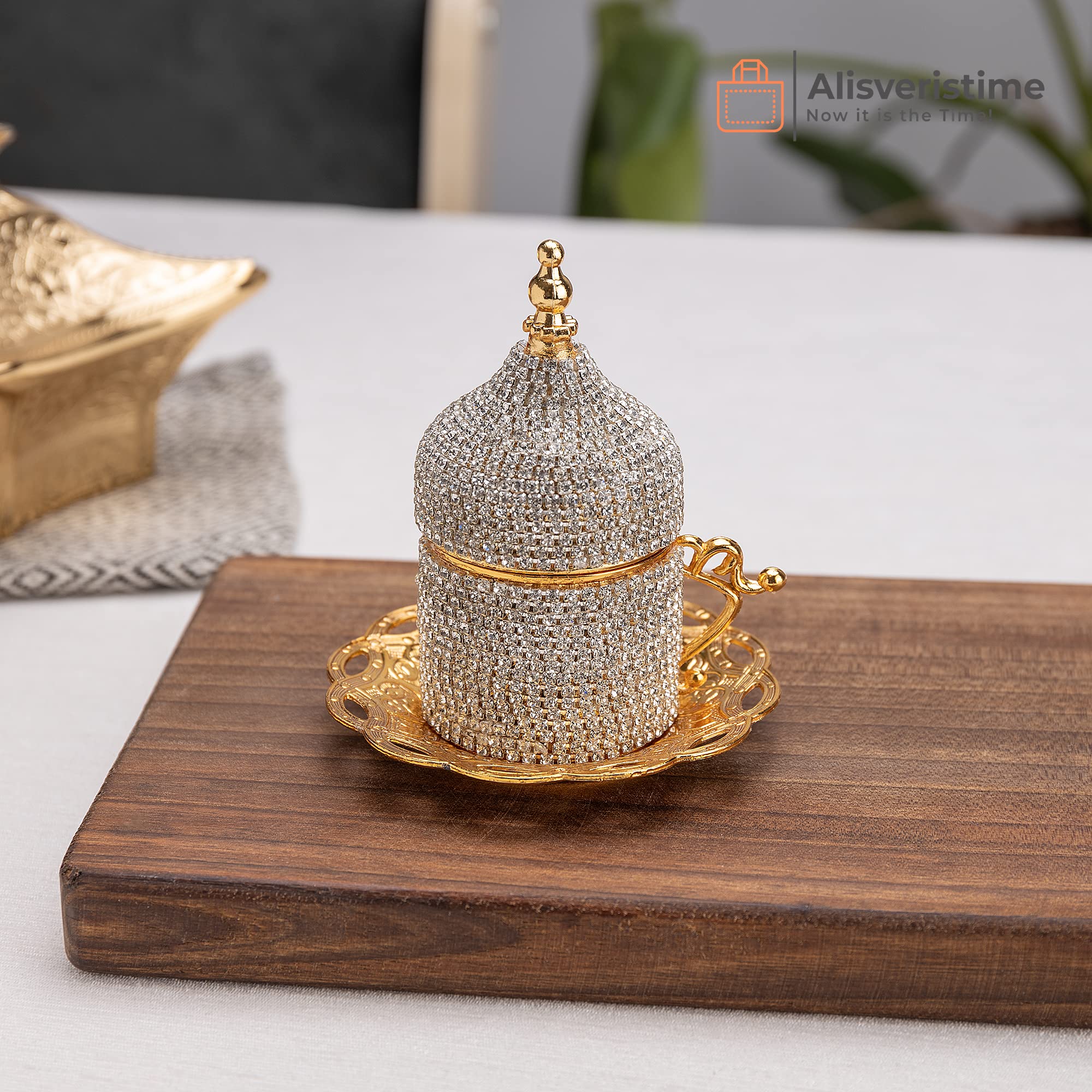 Alisveristime Ottoman Turkish Greek Arabic Espresso Coffee Cups with Saucer and Lid (Crystal Set) (Set of 2) (Gold)