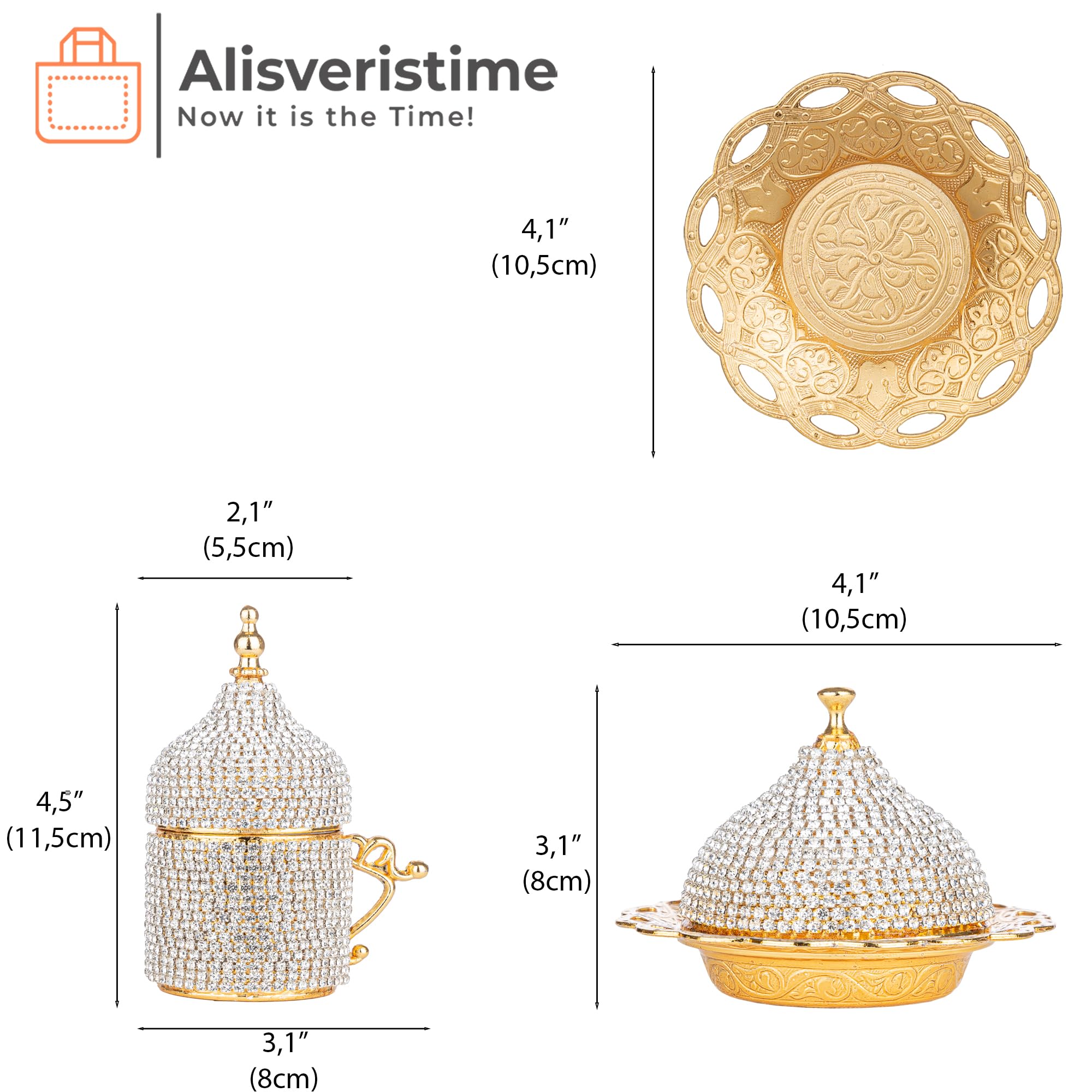 Alisveristime Ottoman Turkish Greek Arabic Espresso Coffee Cups with Saucer and Lid (Crystal Set) (Set of 2) (Gold)