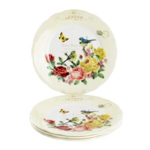 gracie bone china by coastline imports rose butterfly bird 7.5-inch set of 4 bone china dessert plates diameter, yellow, pink, white