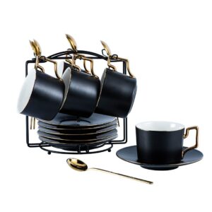 childike ceramic demitasse espresso cups set with saucers and metal stand, 8 oz porcelain stackable cappuccino cups for tea, latte, coffee, cafe mocha, set of 6, matte black