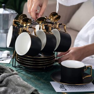 CHILDIKE Ceramic Demitasse Espresso Cups Set with Saucers and Metal Stand, 8 oz Porcelain Stackable Cappuccino Cups for Tea, Latte, Coffee, Cafe Mocha, Set of 6, Matte Black