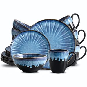 koov ceramic dinnerware sets of 16, plates and bowls sets for 4, dish set with dinner plates, dessert plates, microwave and dishwasher safe, bowls and cups for party, reactive glaze (variable blue)