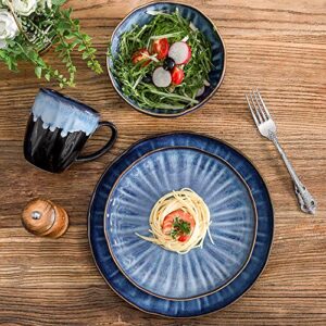 KOOV Ceramic Dinnerware Sets of 16, Plates and Bowls Sets for 4, Dish Set with Dinner Plates, Dessert Plates, Microwave and Dishwasher Safe, Bowls and Cups for Party, Reactive Glaze (Variable Blue)