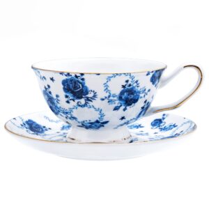 pmning tea cup and saucer set royal garden style tea coffee cup with saucer 7 ounces bone china teacup and saucer set (blue flower)