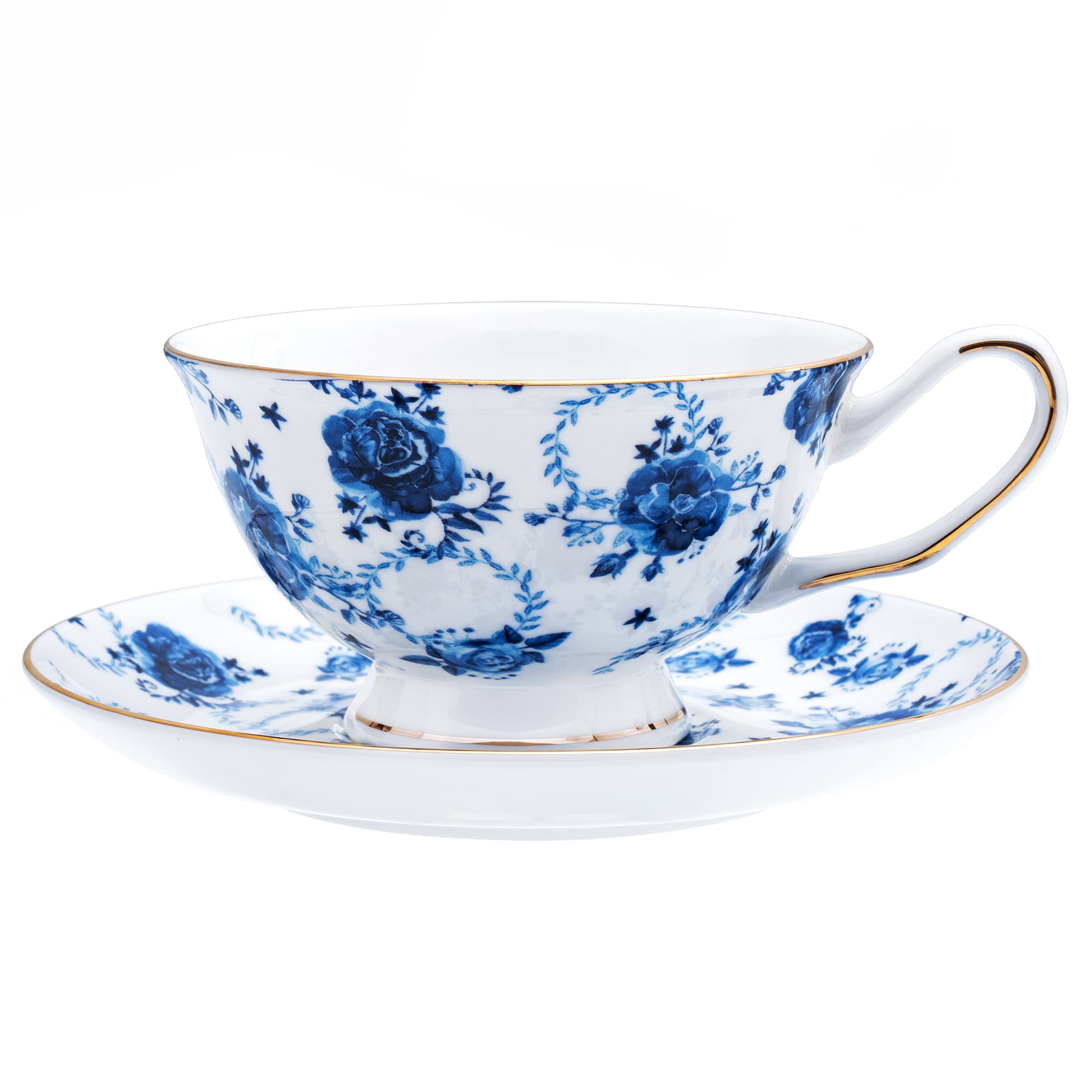 PMNING Tea cup and Saucer Set Royal Garden Style Tea Coffee Cup with Saucer 7 Ounces Bone China Teacup and saucer Set (Blue flower)