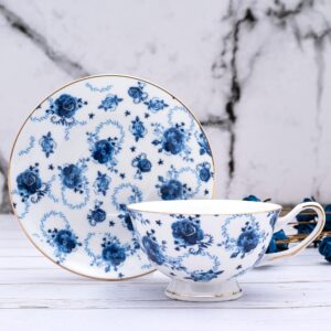 PMNING Tea cup and Saucer Set Royal Garden Style Tea Coffee Cup with Saucer 7 Ounces Bone China Teacup and saucer Set (Blue flower)