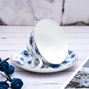 PMNING Tea cup and Saucer Set Royal Garden Style Tea Coffee Cup with Saucer 7 Ounces Bone China Teacup and saucer Set (Blue flower)