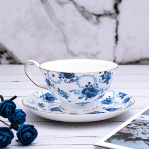 PMNING Tea cup and Saucer Set Royal Garden Style Tea Coffee Cup with Saucer 7 Ounces Bone China Teacup and saucer Set (Blue flower)