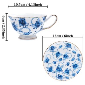 PMNING Tea cup and Saucer Set Royal Garden Style Tea Coffee Cup with Saucer 7 Ounces Bone China Teacup and saucer Set (Blue flower)