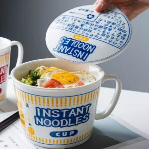 yulinjing instant noodle bowl ceramic with cover creative ramen soup bowl mug cover bento box student lunch box bowl tableware(800ml,blue)