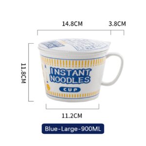 YULINJING Instant Noodle Bowl Ceramic with Cover Creative Ramen Soup Bowl Mug Cover Bento Box Student Lunch Box Bowl Tableware(800ML,Blue)