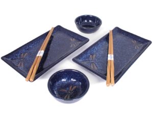 happy sales hsbh79/n 6 pc japanese sushi plate set dragonfly blue