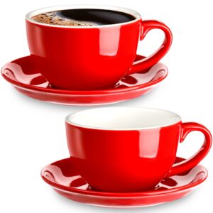 yesland 2 pack ceramic coffee cup with saucer, 8.5 oz cappuccino cup latte cup, glossy red espresso cups for specialty coffee drinks, latte, cafe mocha and tea