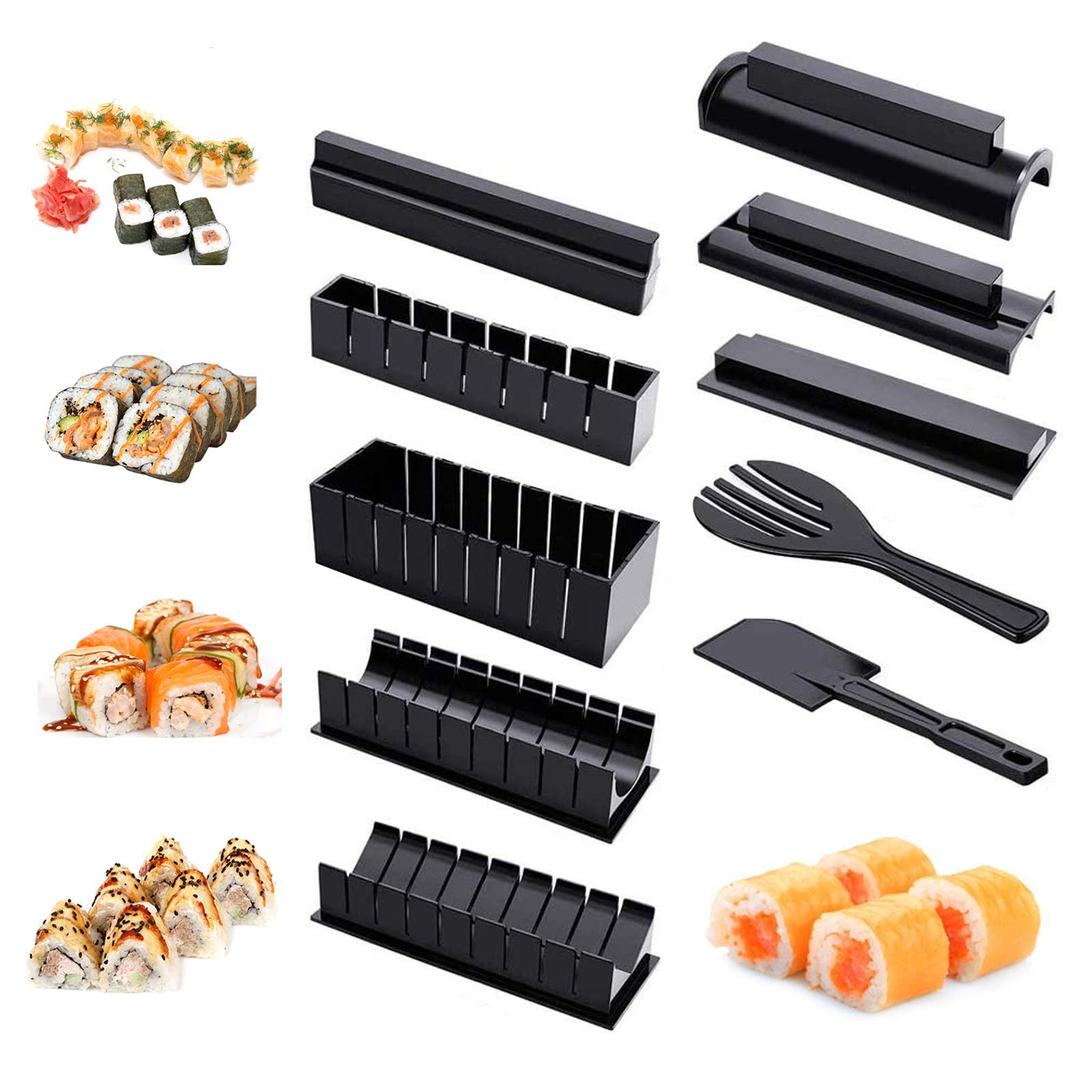 WITBASS 10 Pieces DIY Home Sushi Making tool Kit with Complete Sushi Set, Plastic Sushi Maker Tool Complete with 8 Sushi Rice Roll Mold Shapes Fork Spatula