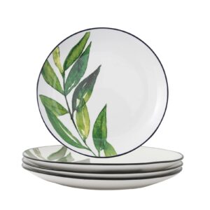 yuyhqcbt 8 inch set of 4 assorted designs, porcelain plates with plants patterns,ceramic dinnerware plates, dishware with black rim for sandwiches salad pasta, microwave oven dishwasher safe