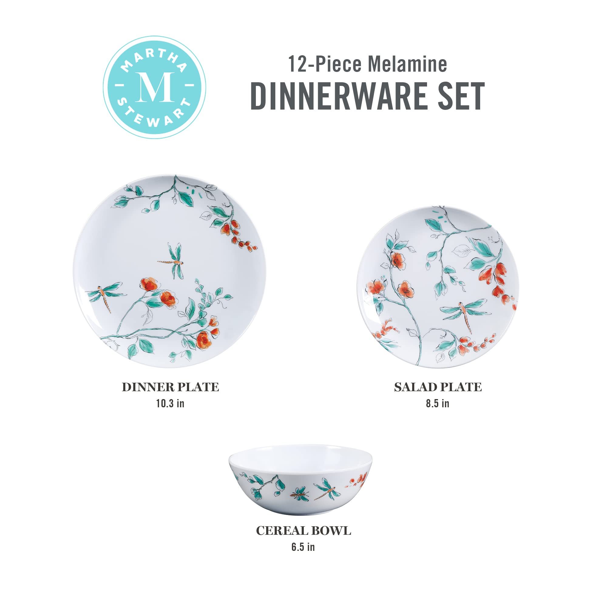 Martha Stewart Dragonfly Decorated Melamine Dinnerware Set - White, Service for 4 (12pcs)