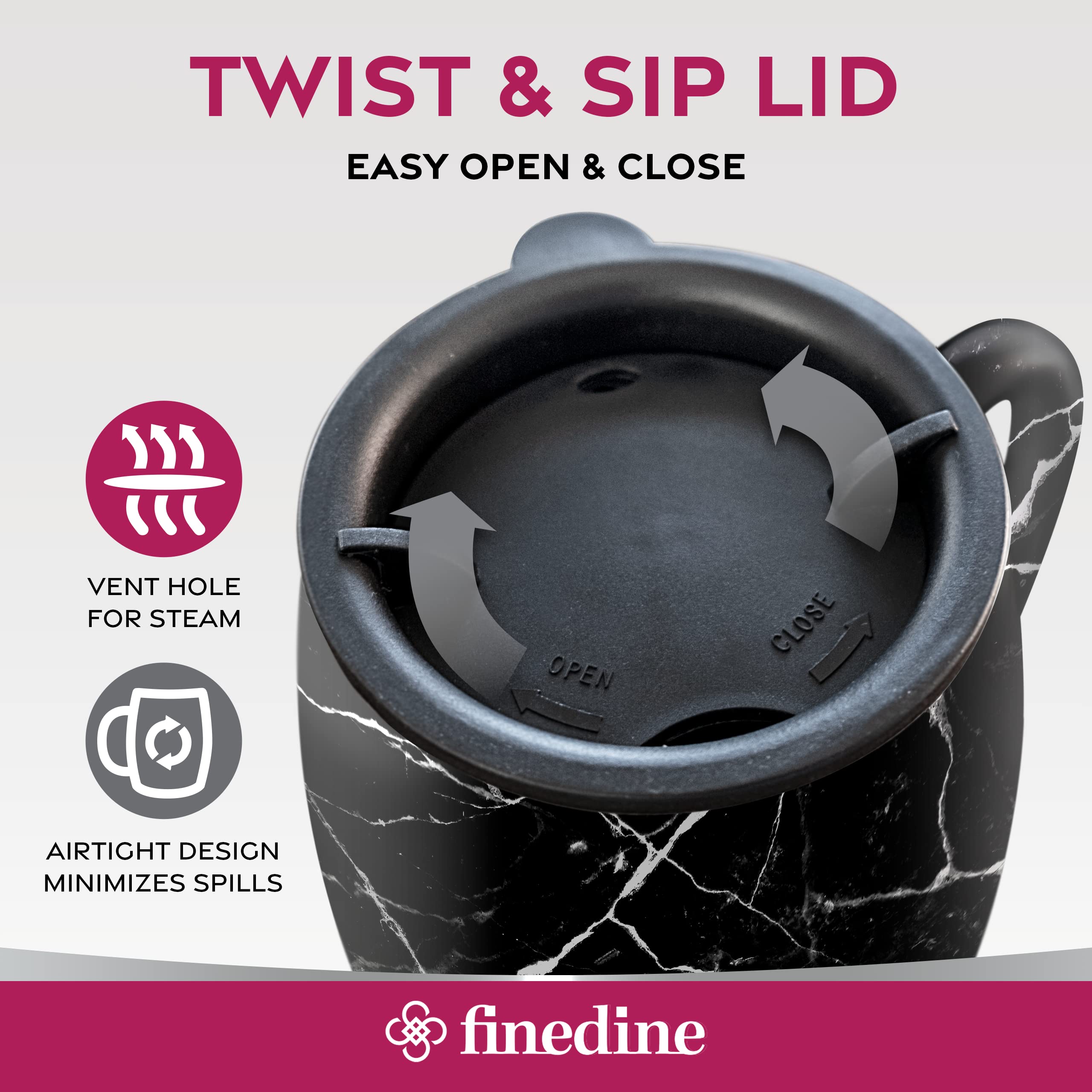 FineDine Double-Wall 18/8 Stainless-Steel Coffee Mugs with Spill-Resistant Lids Insulated Coffee Travel Mug with Comfortable Handle for Hot & Cold Drinks, Shatterproof Coffee Cups, 14 Oz. (Set of 2)