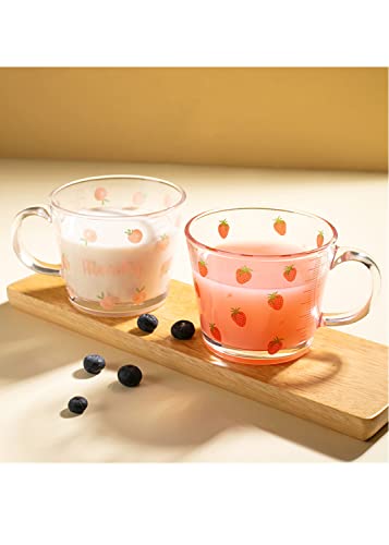 yaocoral 12 OZ Kawaii Mug Peach Glass Cup with Measurements,Glass Coffee Mug Cup with Handle for Coffee,Latte,Juice,Milk,Yogurt,Dessert,Tea,Breakfast Oatmeal Cup(clear 2)