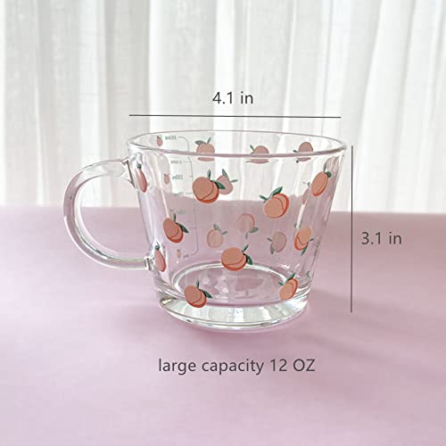 yaocoral 12 OZ Kawaii Mug Peach Glass Cup with Measurements,Glass Coffee Mug Cup with Handle for Coffee,Latte,Juice,Milk,Yogurt,Dessert,Tea,Breakfast Oatmeal Cup(clear 2)