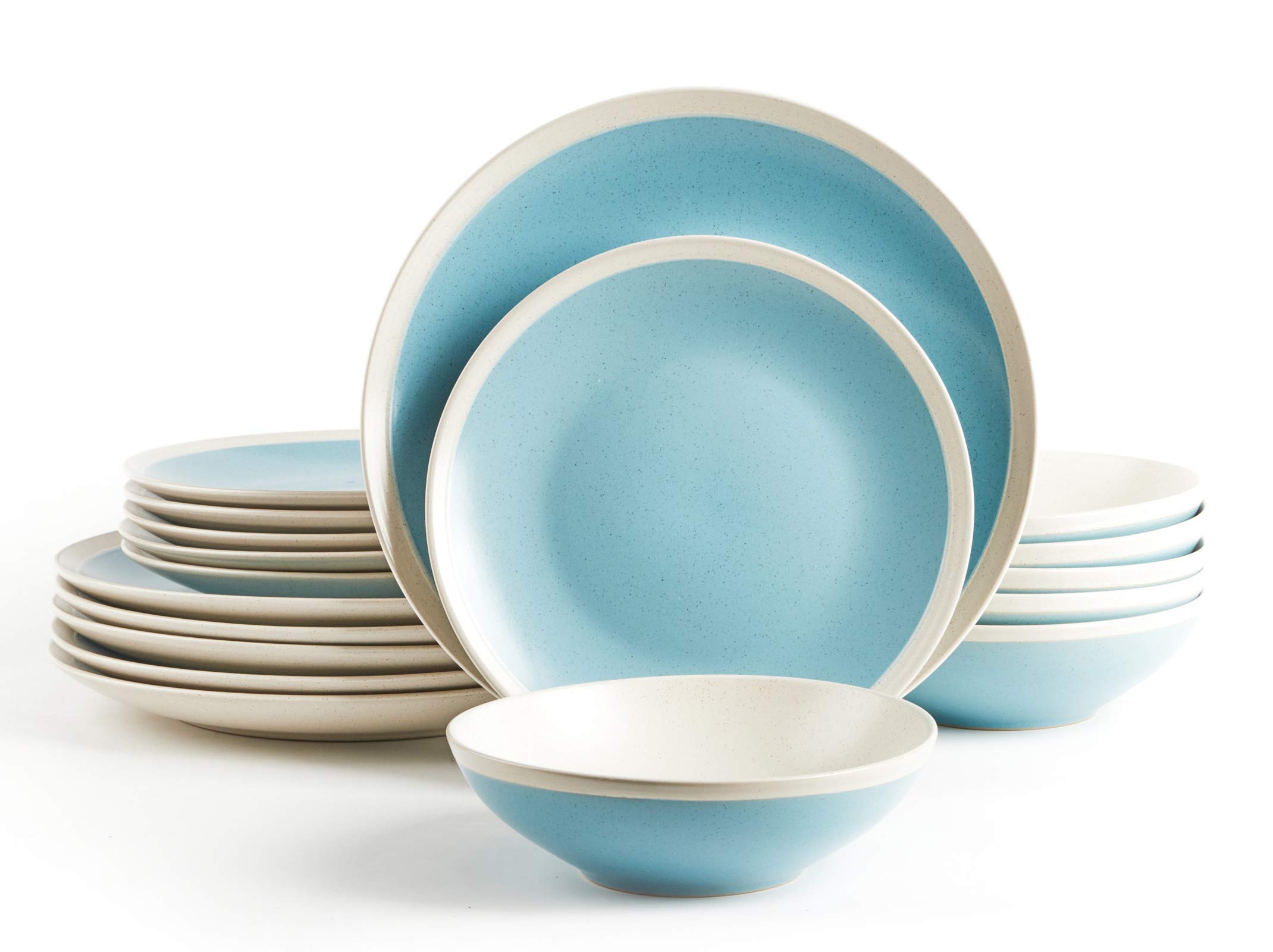 HomeVss Rock Ridge Speckled Stoneware Dinnerware Set (18pc Set, Turquoise and Ivory)