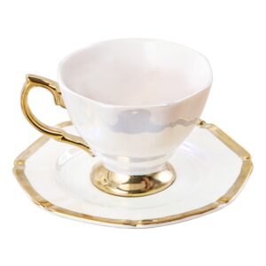 fanquare modern iridescent tea cup and saucer set, colorful porcelain coffee cup with gold trim, british small white tea cup, 6.76oz